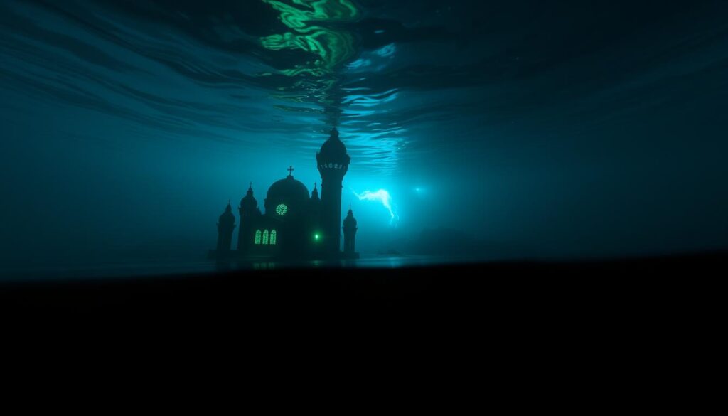 A eerie, underwater scene of Lake Baikal, Russia. In the foreground, an otherworldly, glowing structure emerges from the murky depths, its alien architecture silhouetted against the dark water. The middle ground reveals a vast, cavernous space, illuminated by an ethereal, bluish light. In the background, the shadowy outlines of the lake's rocky bottom are visible, hinting at the mysteries that may lie hidden beneath the surface. The image is bathed in an atmospheric, otherworldly glow, creating a sense of mystery and wonder. The lighting is dramatic, with dramatic contrasts between light and shadow, heightening the sense of the unknown. The camera angle is low, as if the viewer is submerged in the water, adding to the immersive quality of the scene.