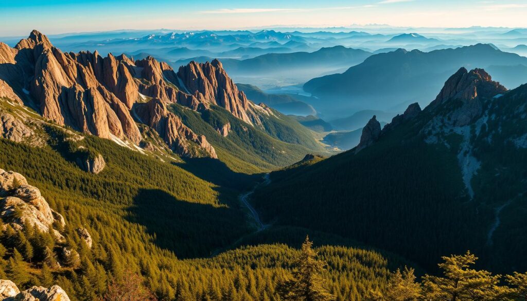 A majestic landscape of the Bucegi Mountains, Romania, bathed in golden sunlight. In the foreground, craggy peaks reach skyward, their jagged silhouettes casting dramatic shadows across the rugged terrain. Lush green forests cling to the slopes, their dense foliage contrasting with the stark, snow-capped summits. In the middle ground, a winding mountain road snakes through the valleys, flanked by towering cliffs and ancient rock formations. The background is dominated by a vast, awe-inspiring panorama of the Carpathian range, their ethereal beauty evoking a sense of timeless wonder and national pride. The scene is captured with a wide-angle lens, emphasizing the grandeur and scale of this magnificent natural wonder.