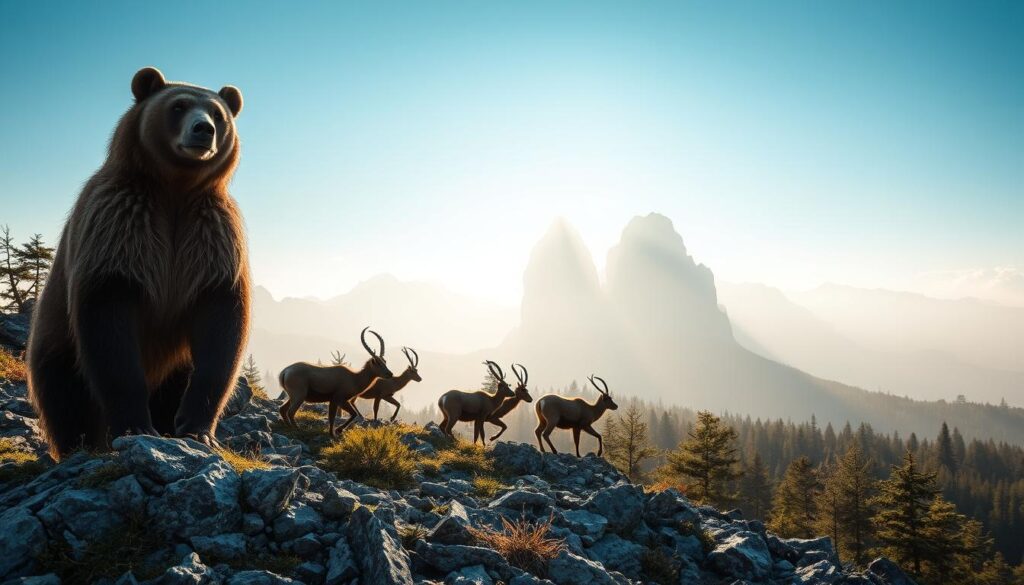 A mystical landscape within the Bucegi Mountains, where ancient secrets lie hidden. In the foreground, a majestic wild bear stands tall, its fur glistening in the soft, warm lighting. Behind it, a herd of chamois gracefully navigate the rocky terrain, their agile movements a testament to the untamed nature of this region. In the distance, towering peaks pierce the misty, azure sky, casting long shadows over the lush, verdant forests below. The atmosphere is one of quiet wonder, hinting at the mysteries that dwell within the Bucegi's hidden chambers.
