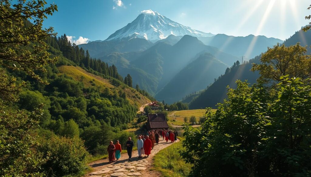 A snow-capped mountain peak looms over a winding trail that winds through a verdant valley, where a small village nestles amid lush foliage. Sunlight filters through the canopy, casting a warm, mystical glow on the scene. Pilgrims, dressed in colorful traditional garments, make their way along the path, their faces reflecting a sense of reverence and solemnity. The air is crisp and clean, with the distant sound of chanting bells echoing through the tranquil landscape. The Meili region exudes an aura of timelessness and spiritual significance, where the boundaries between the physical and the ethereal seem to blur.