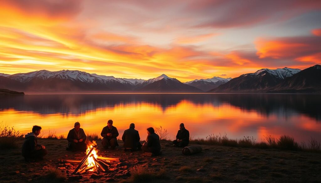 A tranquil lakeside scene at Lake Baikal, Russia, illuminated by a warm golden sunset. In the foreground, a group of local Buryat tribespeople gather around a campfire, their faces aglow with the flickering flames as they share ancient tales and legends. Mystical spirits and creatures from Baikal's folklore, such as the Lusud-Khan water monster and the Burkhan protector deity, emerge from the depths of the serene, mirror-like lake. The middle ground features the rugged, snow-capped mountains that surround the lake, casting long shadows across the still waters. The background is filled with a dramatic sky, streaked with vibrant hues of orange, pink, and purple. An atmospheric, otherworldly aura permeates the scene, hinting at the mysterious secrets hidden beneath the surface of this enigmatic Siberian lake.