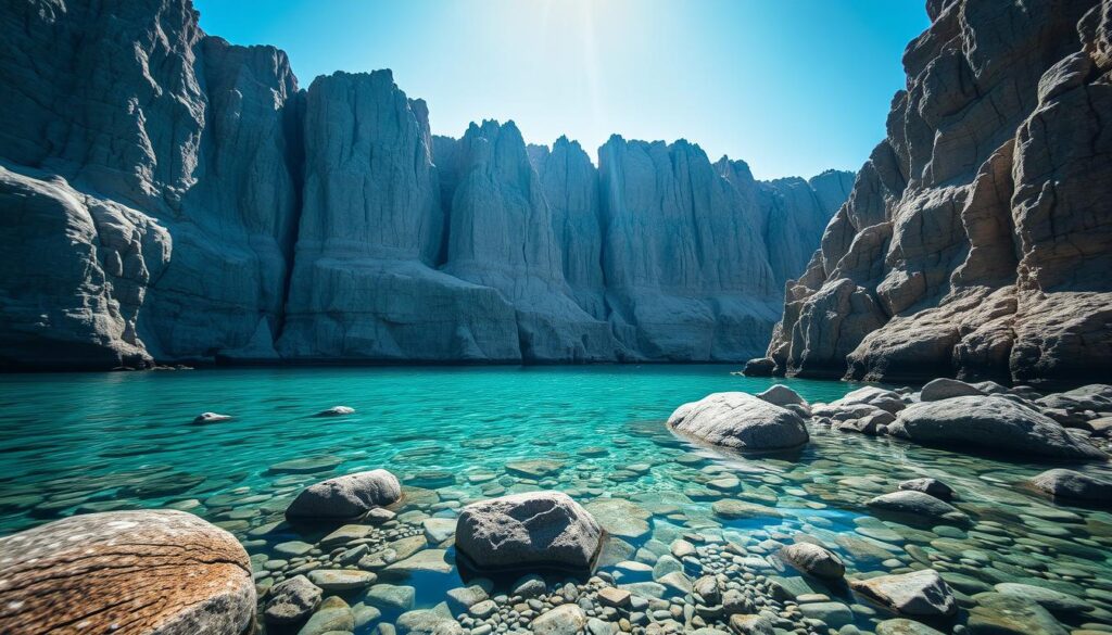 A vast expanse of ancient, weathered rock emerges from the crystalline waters of Lake Baikal. Towering, jagged cliffs of shale and limestone rise up from the depths, their surfaces etched by millennia of glacial erosion. The sun's rays filter through the clear, turquoise depths, illuminating the intricate geological formations. In the foreground, submerged boulders and pebbles create a mesmerizing underwater landscape, hinting at the hidden depths and mysteries that may lie beneath the surface. A sense of timelessness and primal power emanates from this primordial scene, inviting the viewer to ponder the geological forces that have shaped this singular, awe-inspiring environment.