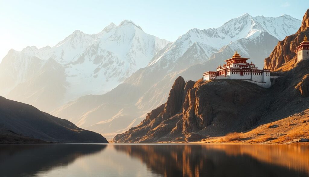 A vast, snow-capped mountain range dominates the background, its peaks piercing the heavens. In the middle ground, ancient monasteries cling to rugged cliffs, their red-robed monks engaged in deep contemplation. In the foreground, a sacred lake reflects the surrounding landscape, its still waters a mirror of the spiritual energy that permeates this hallowed ground. The scene is bathed in warm, golden light, creating an atmosphere of reverence and timelessness. A sense of tranquility and connection to the divine permeates the air, evoking the profound spiritual significance of this Tibetan Buddhist sacred site.