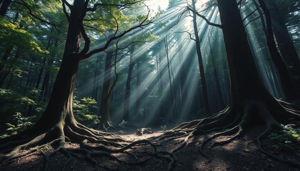 Aokigahara Forest, a vast and mysterious expanse, its verdant canopy concealing pockets of magnetic anomalies. Towering trees cast long shadows, their twisted roots snaking through the earth, distorting the magnetic field. Beams of ethereal light pierce the darkness, illuminating the forest floor, where compasses spin erratically, their needles drawn towards unseen forces. In the distance, a faint hum resonates, a symphony of unseen energies at play. The scene is captured through the lens of a high-resolution camera, its sharp focus revealing the intricate details of this geological marvel, a testament to the untamed power of nature.