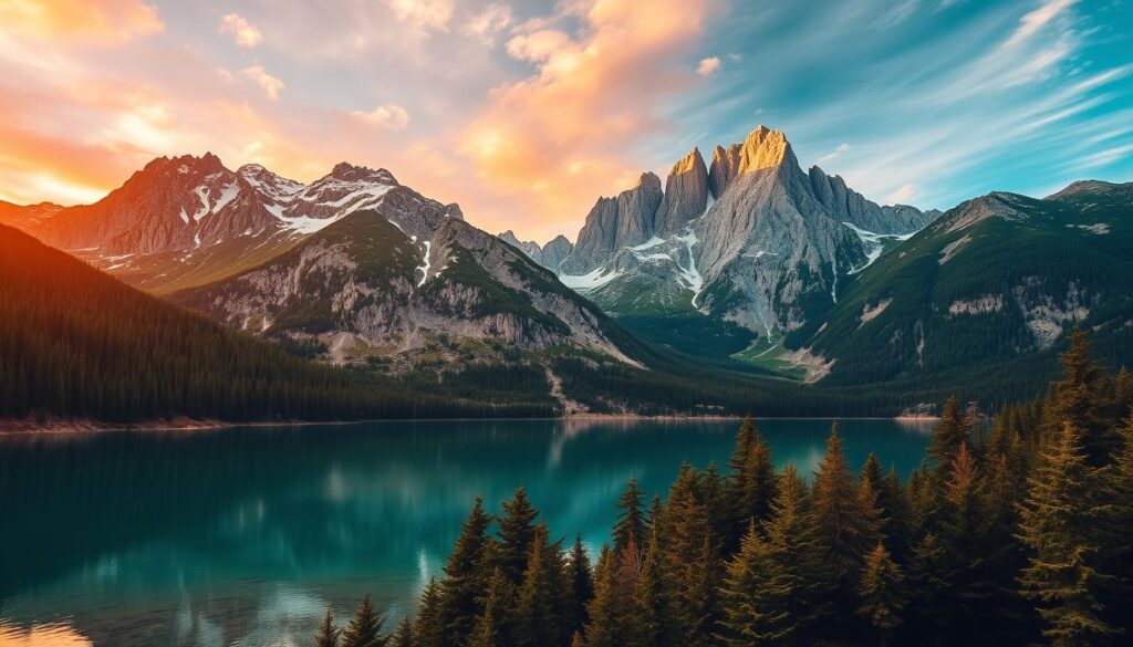 Bucegi Mountains landscape, majestic peaks against a vibrant sky. Rugged, snow-capped summits rise into the distance, surrounded by lush, verdant forests in the foreground. A crystal-clear alpine lake reflects the stunning panorama, its still waters mirroring the dramatic rock formations. Warm, golden sunlight casts a tranquil glow, accentuating the natural textures and hues. A sense of peaceful solitude pervades the scene, inviting the viewer to immerse themselves in the serene beauty of this untamed wilderness. Shot with a wide-angle lens to capture the grand scale and captivating vistas of the Bucegi Mountains.