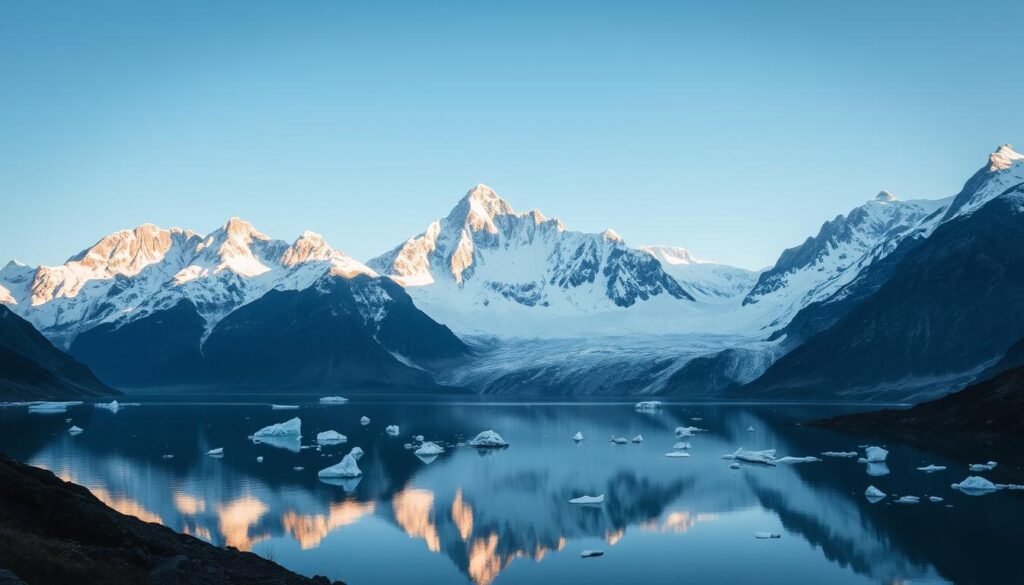 Towering snow-capped peaks rising majestically against a clear azure sky, their jagged silhouettes casting dramatic shadows over a pristine alpine landscape. In the foreground, a serene glacial lake reflects the towering mountains like a mirror, its still waters dotted with floating icebergs. The scene is bathed in the warm glow of the sun, creating a sense of ethereal beauty and timeless tranquility. A wide-angle lens captures the grandeur of this breathtaking vista, immersing the viewer in the awe-inspiring splendor of Meili's sacred valley.