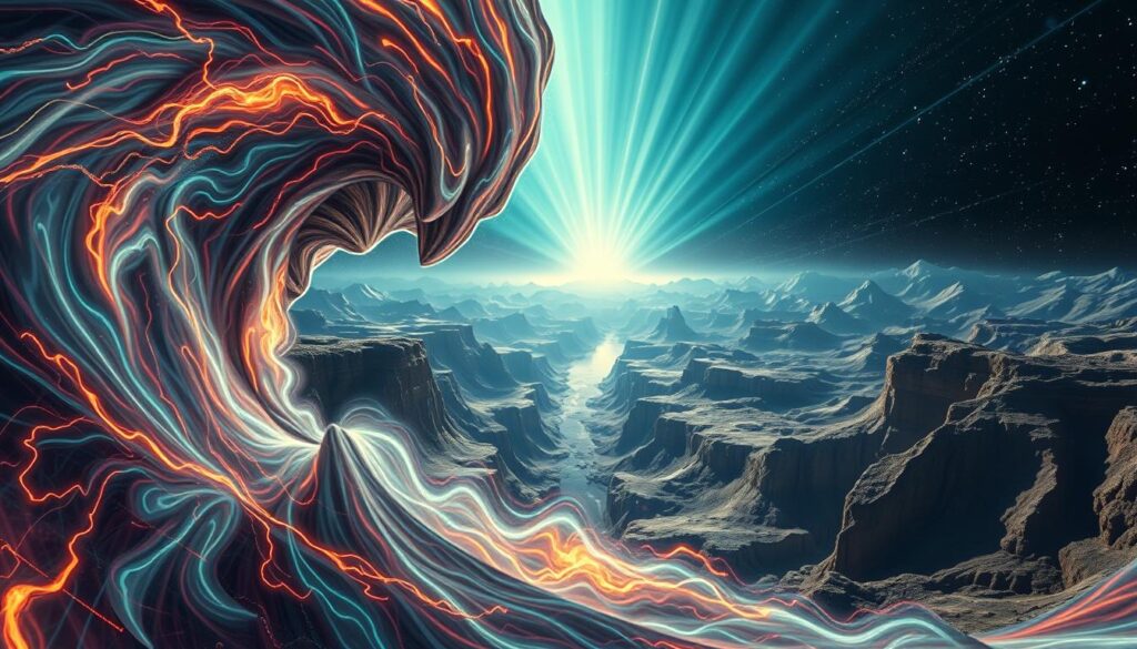 A colossal rift in the fabric of space-time, a cosmic disturbance where the laws of physics collapse and reform. In the foreground, a swirling maelstrom of energy, ribbons of multicolored light twisting and churning. The middle ground reveals a warped, distorted landscape, mountains and valleys contorted as if under immense gravitational strain. In the distant background, the night sky is pierced by beams of radiant energy, casting an otherworldly glow over the entire scene. The lighting is dramatic, with harsh shadows and highlights accentuating the sense of chaos and instability. Capture this with a wide-angle lens to convey the grandiose scale of the anomaly, a moment where the very foundations of our universe appear to unravel.