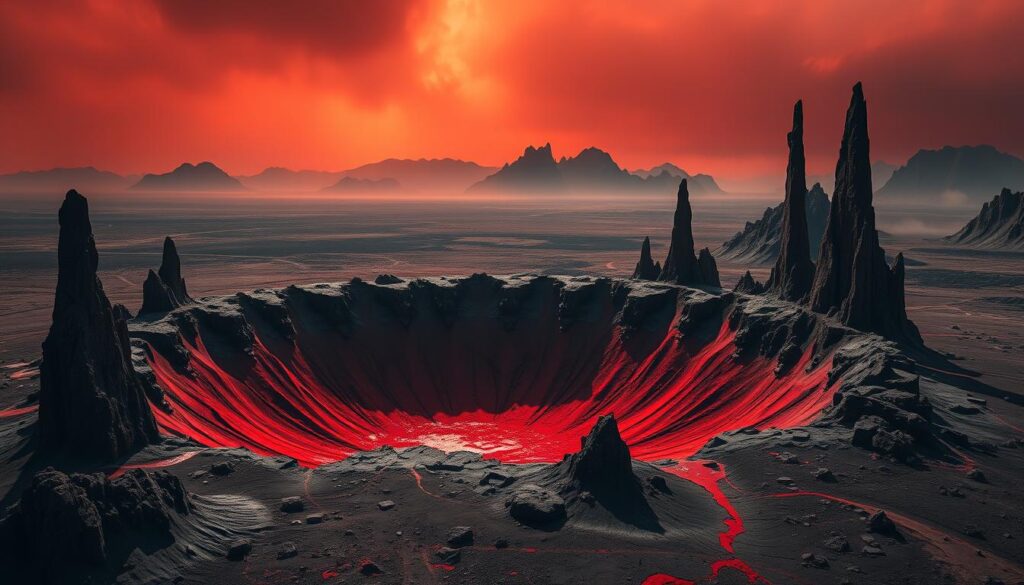 A desolate, alien landscape stretching out before the viewer, a massive, irregularly-shaped crater dominating the scene. The crater's edges are jagged and uneven, with crimson-hued soil oozing from its depths, giving the impression of a "bleeding" wound in the earth's surface. Towering, spire-like rock formations jut up from the crater's rim, their shadows cast long across the barren landscape. A dim, reddish-orange sky looms overhead, creating an ominous, foreboding atmosphere. In the distance, a range of rugged, otherworldly mountains rise up, their peaks shrouded in swirling mists. The overall scene conveys a sense of isolation, danger, and the uncanny - a place where the normal rules of nature seem to have been broken.