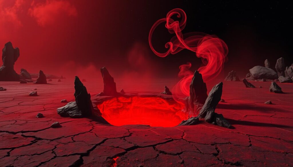 A desolate, otherworldly landscape with a cavernous, glowing red crater oozing a viscous, crimson liquid from its depths. The ground around the crater is cracked and scorched, covered in a fine layer of charred dust. Wispy tendrils of reddish-black smoke curl upwards, casting an eerie, unsettling glow over the scene. Jagged, angular rocks jut out from the crater's rim, their sharp edges gleaming in the pulsing, unearthly light. The sky above is a deep, inky black, devoid of stars, creating a sense of isolation and foreboding. The overall mood is one of a mysterious, forbidden place, radiating an aura of danger and the unknown.