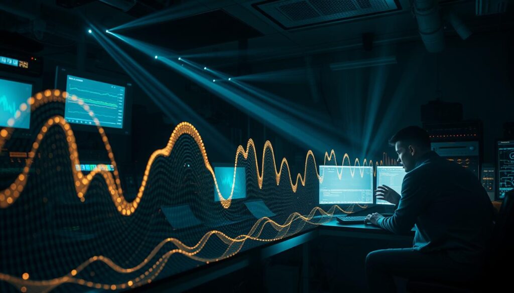 A dimly lit laboratory, filled with an array of high-tech instruments and monitors. In the foreground, a detailed visualization of an acoustic fingerprint - a complex, undulating waveform pulsing with hidden rhythms and patterns. Beams of soft, diffuse light cast an ethereal glow, reflecting off the glossy surfaces of the equipment. In the background, a shadowy figure hunches over a computer terminal, their face illuminated by the flickering displays, a thoughtful expression as they analyze the strange, otherworldly signals. An atmosphere of scientific curiosity and a sense of discovery permeates the scene.