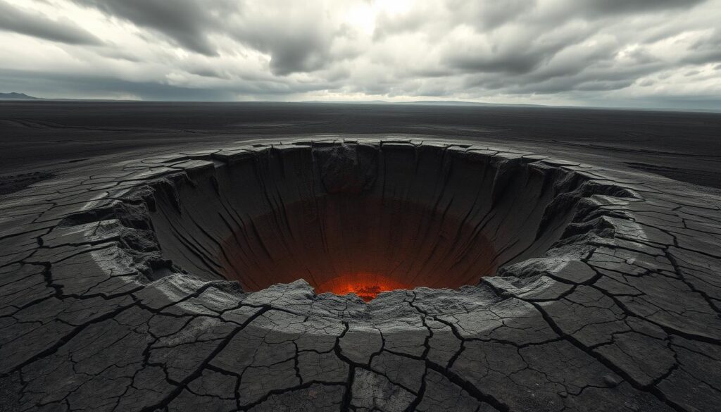 A mysterious, ominous crater emerges from a desolate, barren landscape. The ground around it is cracked and scarred, as if the earth itself has been torn open. The crater's edges are jagged and uneven, hinting at the immense forces that created it. A faint, eerie glow emanates from the depths, casting an otherworldly light upon the scene. The sky above is heavy with dark clouds, casting a somber, foreboding atmosphere. A sense of unease and the unknown pervades the air, inviting the viewer to ponder the secrets hidden within this forbidden, enigmatic geological formation.