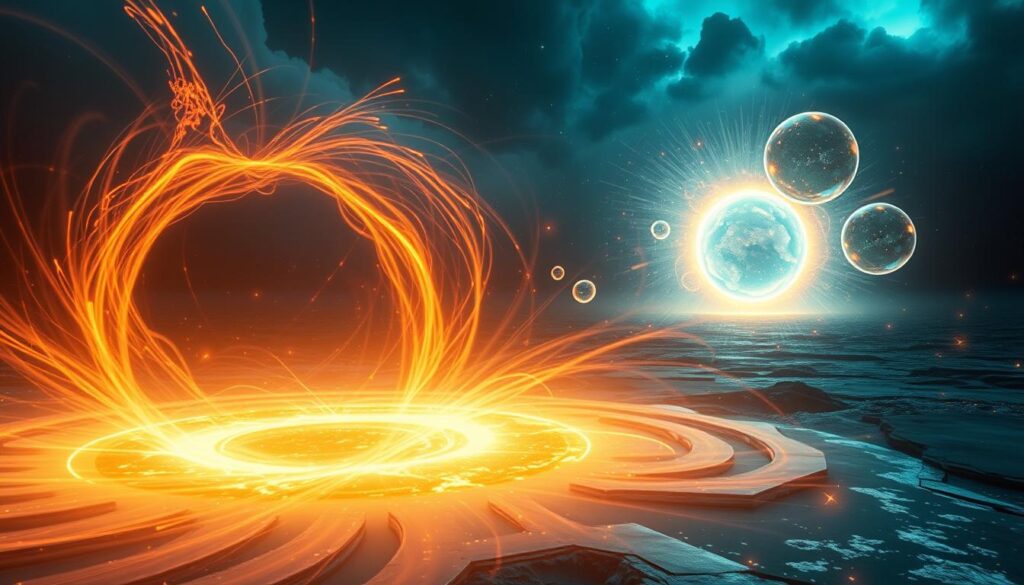A mysterious pulsating core at the heart of the Earth, surrounded by anomalous phenomena. In the foreground, swirling vortexes of electromagnetic energy, pulsing in time with the core's rhythmic beats. In the middle ground, ethereal glowing spheres levitate and dance, their movements synchronized with the core's oscillations. In the distant background, a shimmering portal to an otherworldly realm, hinting at a parallel universe beyond our own. Lighting is dramatic, with a mix of cool blues and warm oranges, casting an ominous yet captivating atmosphere. Captured through a wide-angle lens to convey a sense of vastness and the scale of these inexplicable occurrences.