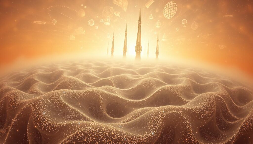 A vast, ethereal landscape where the boundaries of time blur and distort. In the foreground, shimmering fields of chrono energy pulsate and swirl, their intricate patterns bending and twisting as the past and future collide. Towering, translucent structures rise in the middle ground, their forms shifting and morphing, as if caught in a temporal flux. The background is a kaleidoscope of fragmented memories and visions, blending into a surreal tapestry of light and shadow. The scene is bathed in a warm, ethereal glow, as if illuminated by a timeless source. A fisheye lens distorts the perspective, adding to the sense of disorientation and the collapse of linear time. An atmospheric, cinematic mood pervades the image, inviting the viewer to explore the mysteries of the chrono mirage fields.