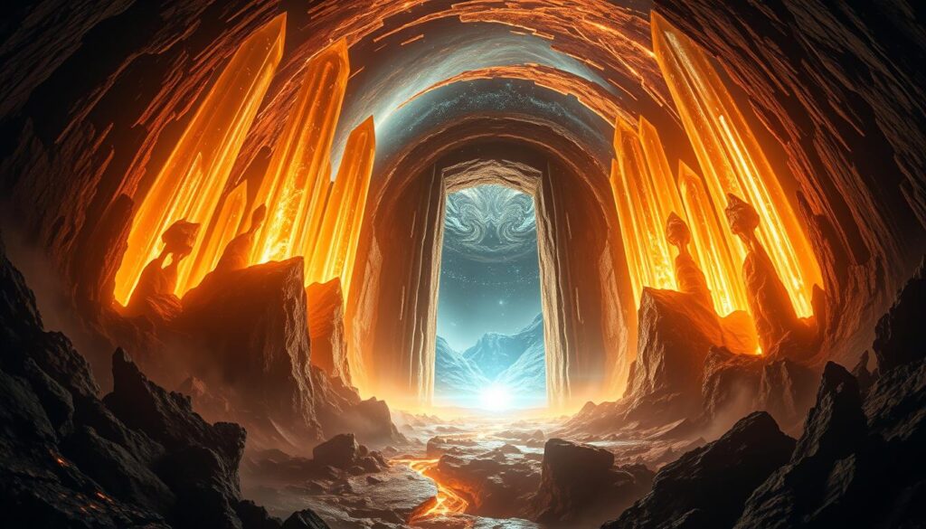 A vast, imposing gateway made of glowing, pulsating energy emerges from the depths of the Earth's core. The luminous portal is surrounded by a swirling vortex of electromagnetic fields, hinting at a mysterious, parallel realm beyond. Towering crystalline structures and undulating tendrils of otherworldly light create an awe-inspiring, dreamlike atmosphere. The scene is captured with a wide-angle lens, emphasizing the grand scale and cosmic nature of the "Core Pulse Gateway Hypothesis". Dramatic chiaroscuro lighting casts deep shadows, evoking a sense of wonder and the unknown. The image conveys the hypothesis of a biological, interdimensional connection at the heart of our planet.