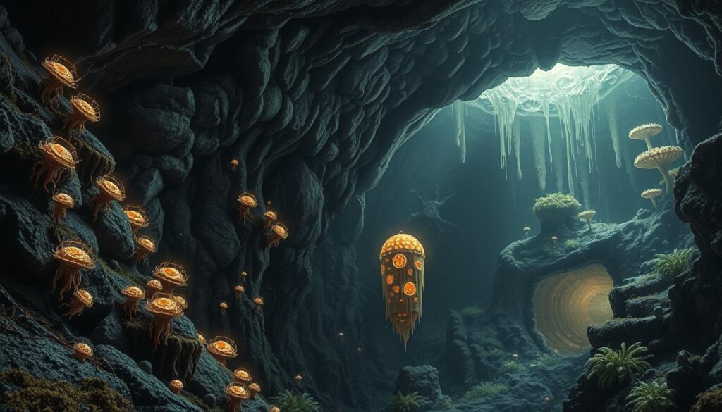 A vast, mysterious underground world teeming with life. In the foreground, bizarre, otherworldly creatures cling to the rocky walls, adapted to the intense pressure and lack of light. Bioluminescent fungi and mosses cast an eerie glow, illuminating the intricate network of tunnels and caverns. Deeper underground, a glowing, pulsating core emits a faint throbbing, hinting at a hidden, primordial energy. High-contrast lighting from above casts dramatic shadows, emphasizing the alien, forbidding nature of this subterranean realm. Rendered in a muted, earthy color palette with a sense of geological timelessness. Atmospheric and immersive, conveying the wonder and mystery of a parallel biosphere thriving in the depths of the Earth.