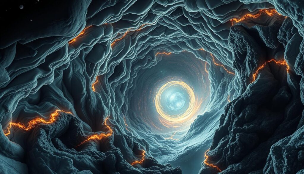 A vast, turbulent rift in the fabric of space-time, its edges billowing and pulsing with otherworldly energy. Glowing tendrils of exotic matter twist and coil, defying the natural laws, as if the very foundations of reality are unraveling. Amidst the chaos, a singularity shimmers, a gateway to an unknowable realm beyond. The scene is bathed in an eerie, ethereal light, casting deep shadows that hint at the immense gravitational forces at play. Captured through the lens of a high-powered telescope, this image reveals the edge of the known universe, where normal physics gives way to the unfathomable.
