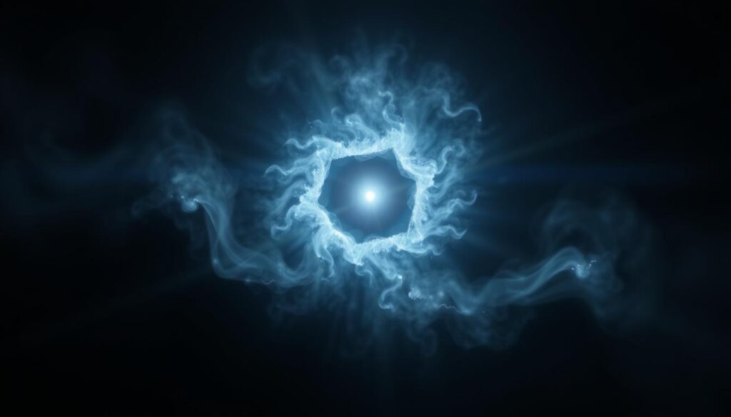 A void phenomena coalesces in the infinite depths of space, a spectral halo of shimmering energy encircling a faintly luminous core. Ghostly tendrils of plasma swirl and undulate, casting an otherworldly glow against the inky blackness. The scene is bathed in soft, directional lighting, creating dramatic shadows and highlights that accentuate the ethereal nature of the phenomenon. The camera angle is slightly elevated, providing a sweeping, panoramic view that emphasizes the vastness of the cosmic expanse. An overwhelming sense of mystery and the unknown permeates the composition, hinting at the profound secrets hidden within the void.