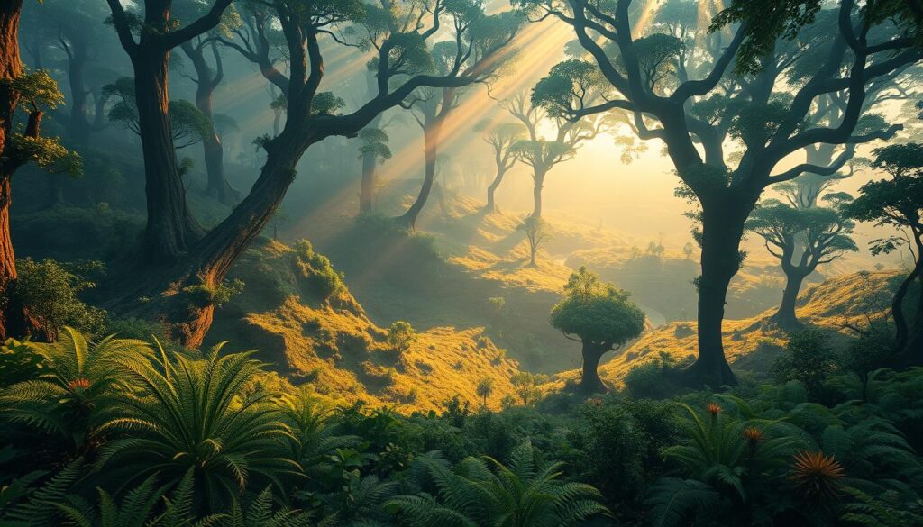 An otherworldly forest landscape, with towering trees and undulating terrain that defy gravity. The canopy appears to float effortlessly, defying the laws of physics. Streams and rivers twist and turn, their waters flowing in impossible directions. Beams of warm, golden light filter through the foliage, creating a serene and mystical atmosphere. In the foreground, lush ferns and exotic flora carpet the ground, hinting at the extraordinary biome. The mid-ground reveals the subtle curvature of the land, with hills and valleys that seem to bend and curve in impossible ways. The background showcases the vast expanse of this unearthly forest, where the horizon fades into a hazy, dreamlike distance. Captured with a wide-angle lens to convey the scale and grandeur of this enigmatic landscape.